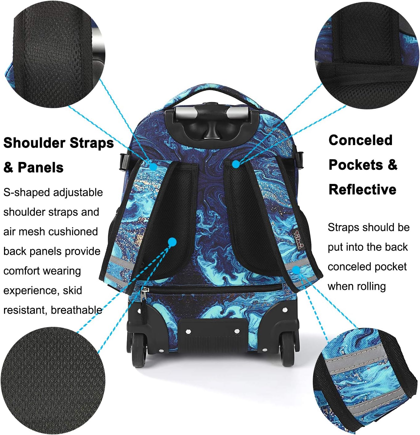Tilami Rolling Backpack 19 inch with Lunch Bag Wheeled Laptop Backpack (Blue Wave)