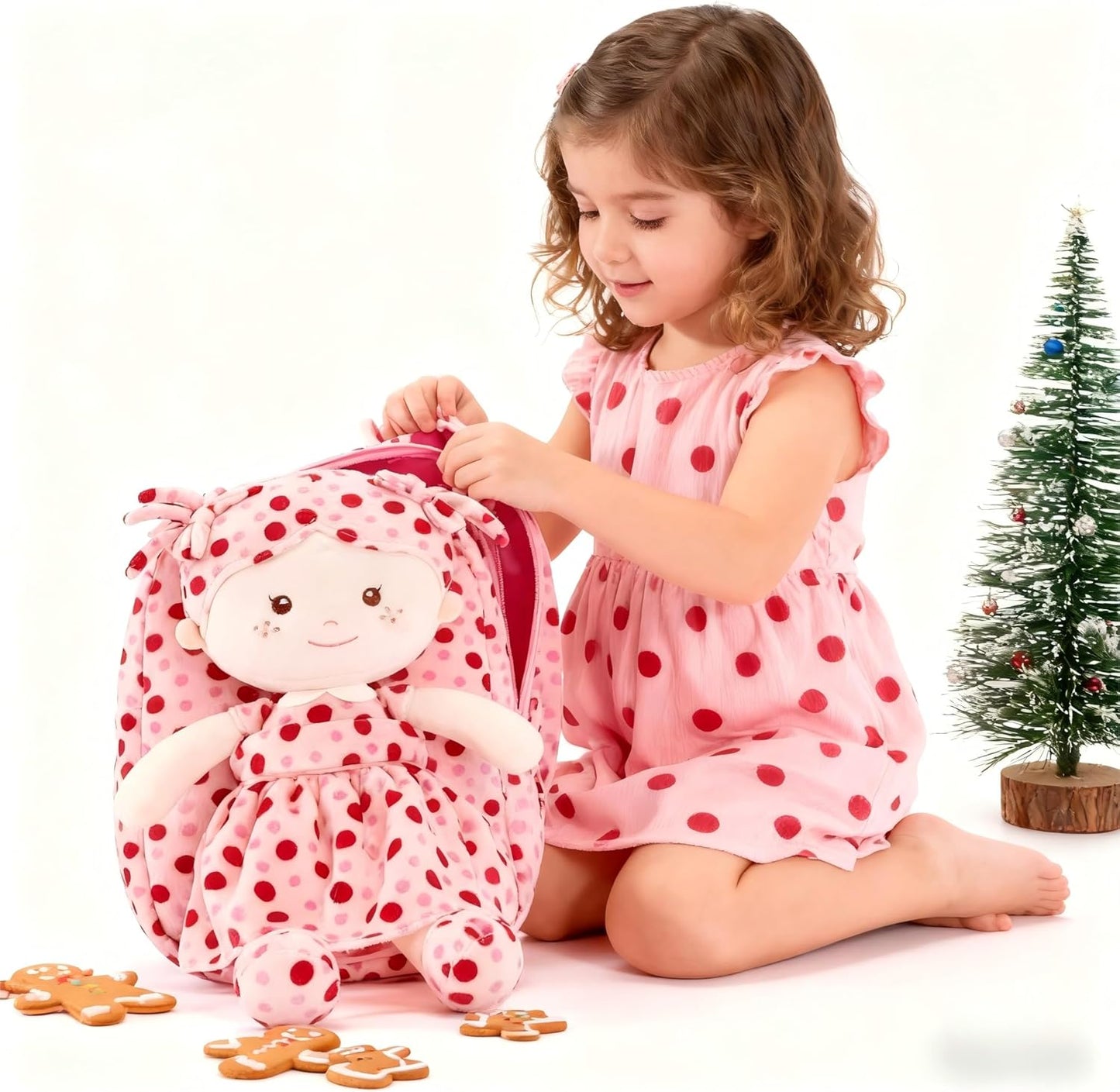 Onetoo Toddler Backpack Back to School Gifts for Girls Plush Backpack Kids Backpacks with Soft Light Baby Dolls in Red Polka Dots Dress 9"