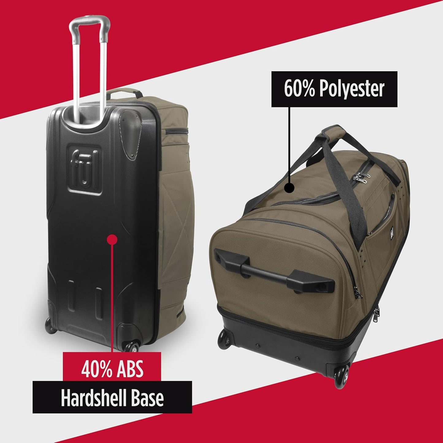FUL Workhorse 30 Inch Rolling Duffel Bag, Checked Travel Luggage with Hardshell Base and Wheels