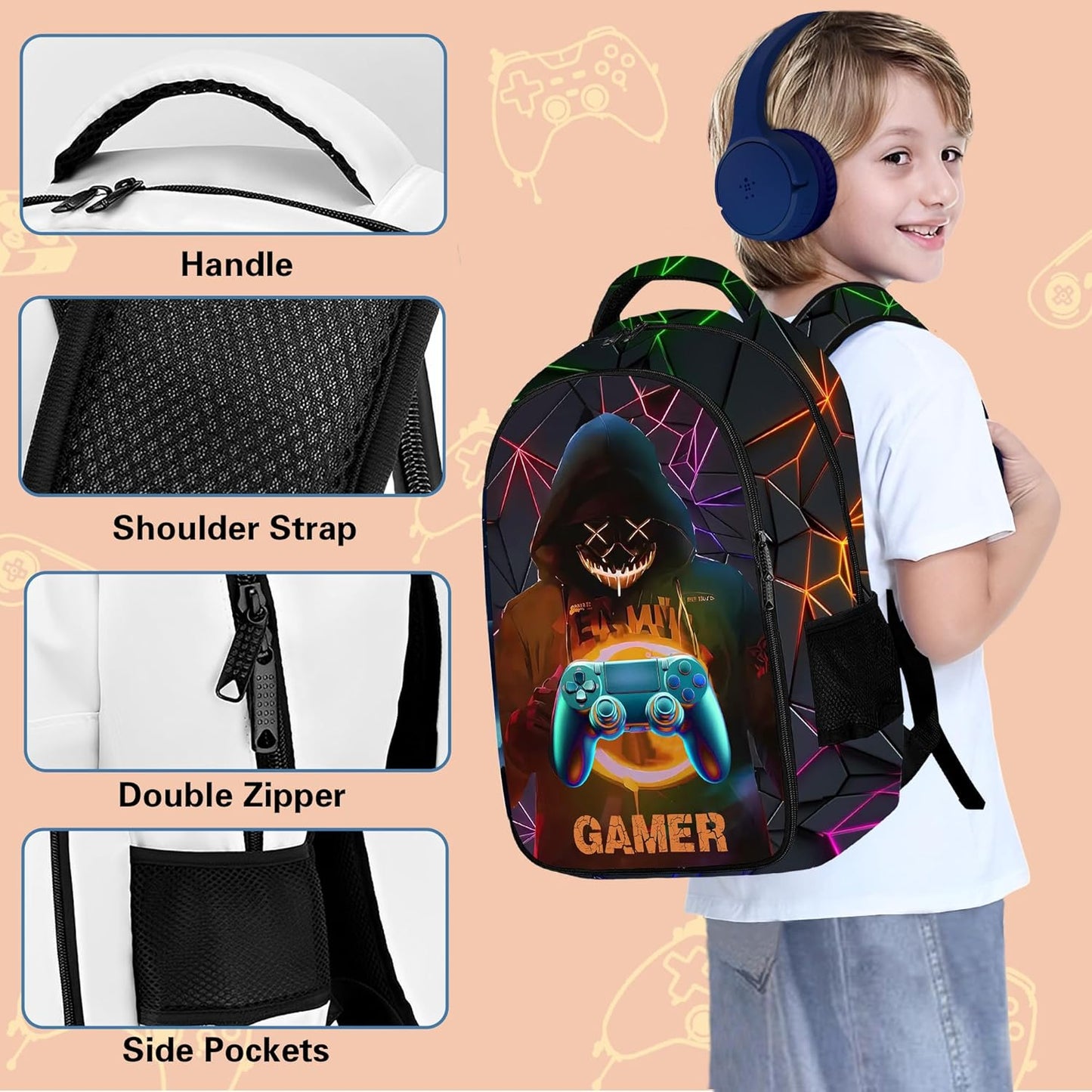 Game Backpack Set for Boys, Gaming Backpack 3 Pack, Boys Lunch Box, and Pencil Bag for Kids, 17"