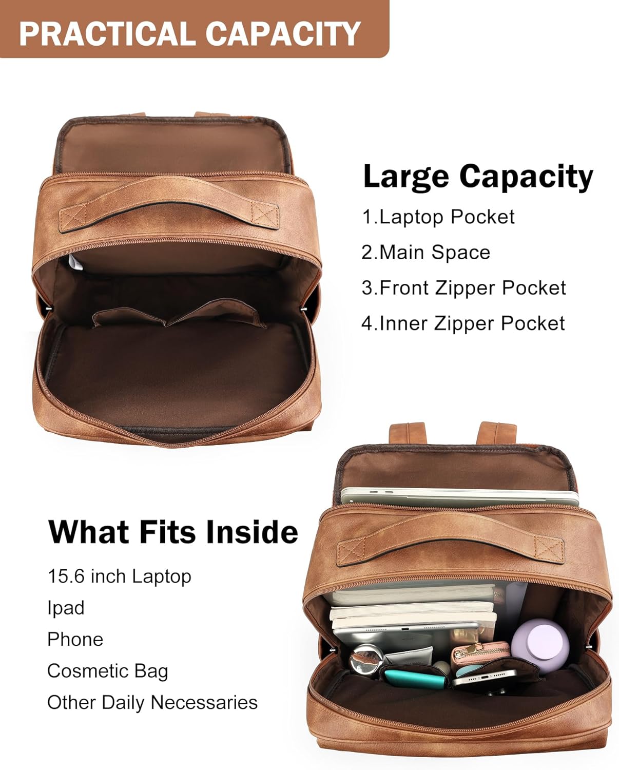 MASINTOR 15.6 inch PU Leather Laptop Backpack Purse for Women, Large College Casual Backpack Travel