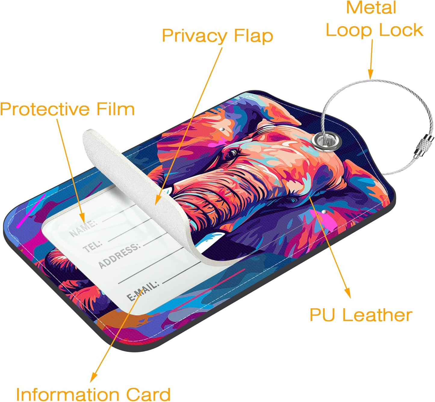 Luggage Tags for Suitcase 3 PCS Psychedelic Elephant Leather Travel Luggage Tag with Stainless Steel Loop Name ID Label Privacy Cover for Women Men Travel