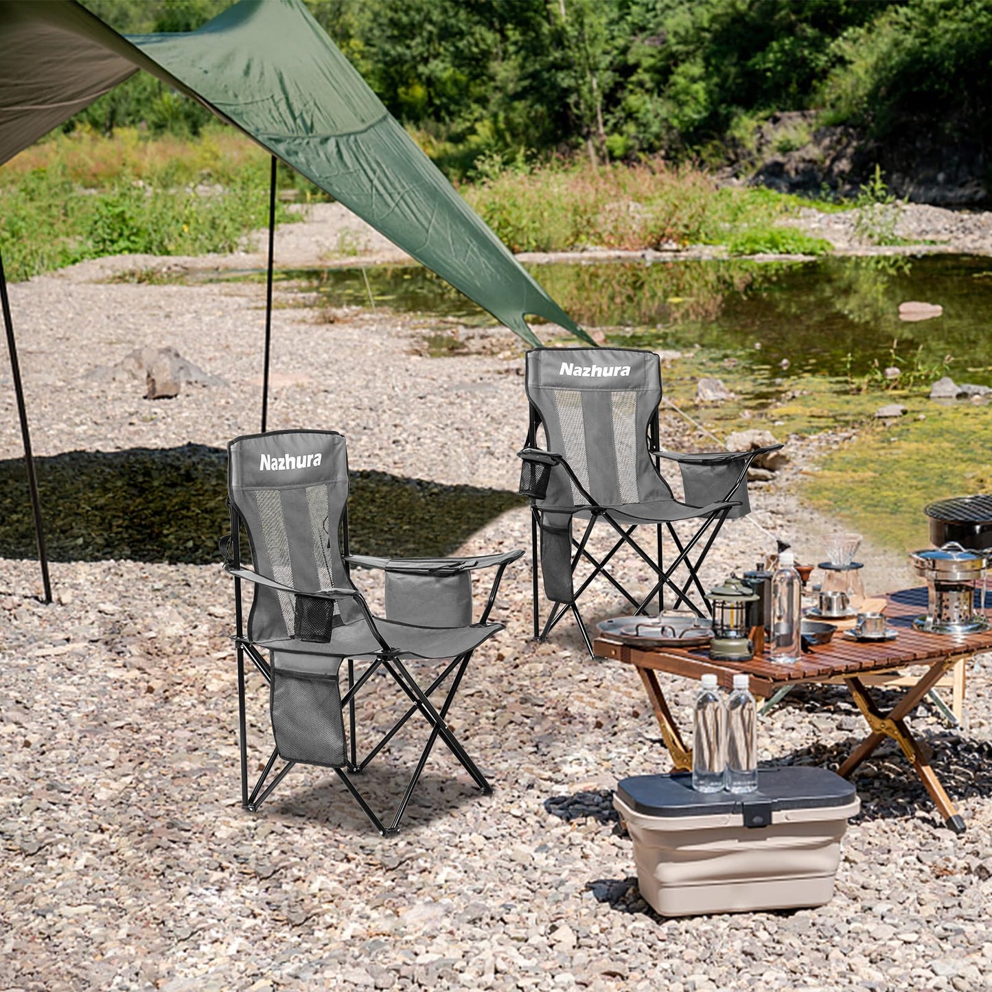 Nazhura 2 Pack Outdoor Camping Chairs Folding/Foldable/Portable with Cooler Pouch, Mesh Backrest