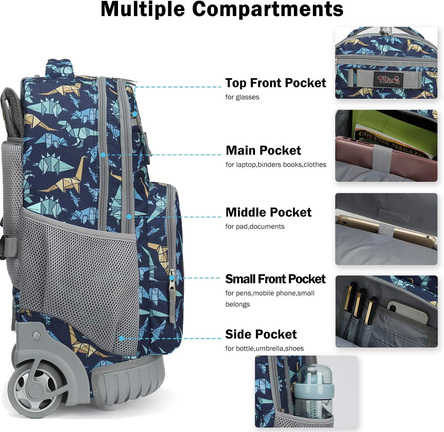 Tilami Rolling Backpack 19 inch with Lunch Bag Wheeled Laptop Backpack, Dinosaur