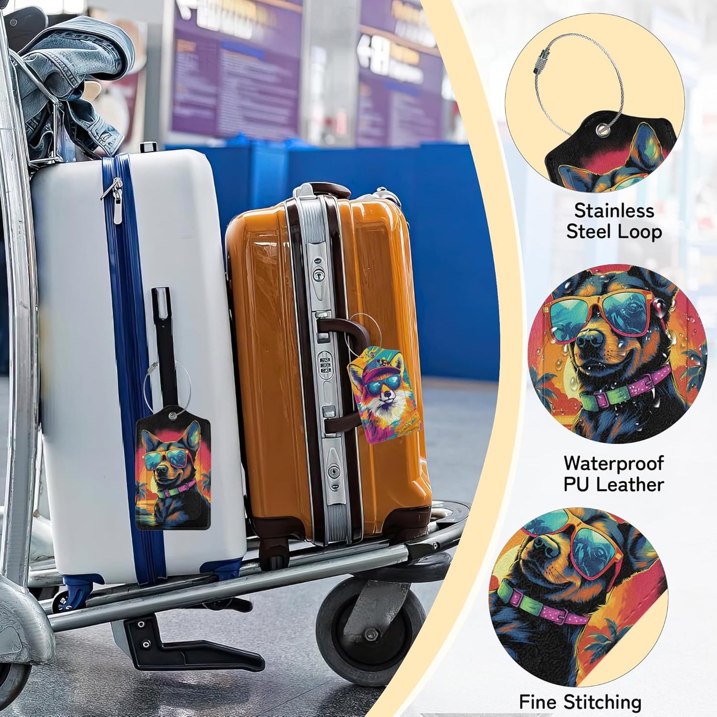 3 Pack PU Abstract Dog with Sunglasses Leahter Luggage Tag with Stainless Steel Loop,Colorful Travel Suitcase Labels with Privacy Cover ID Label Quickly Spot for Bags