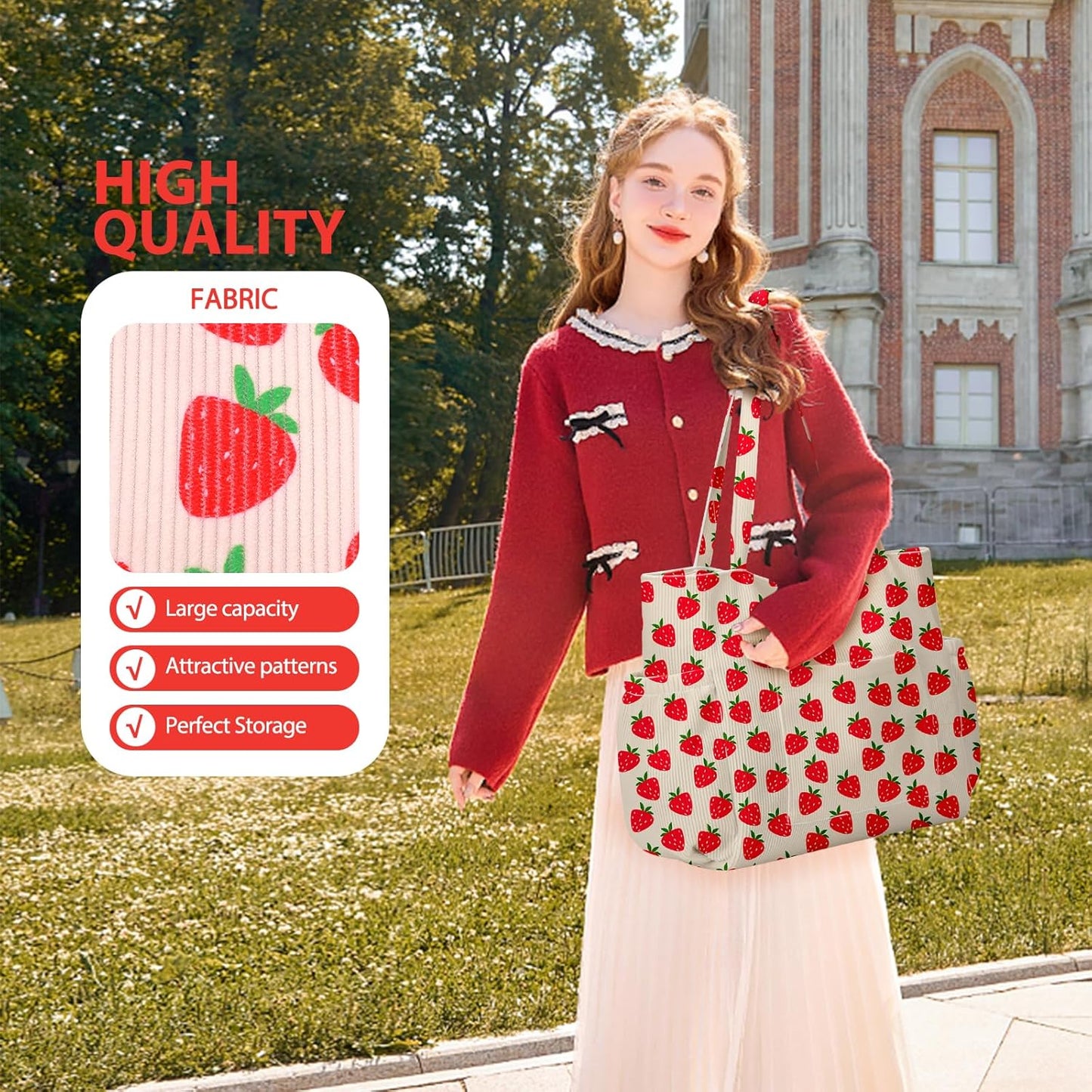Corduroy Tote Bag for Women,Large Capacity Cute Tote Bags With 6 Pockets,Crossbody Shoulder Handbag for Work Travel Gym