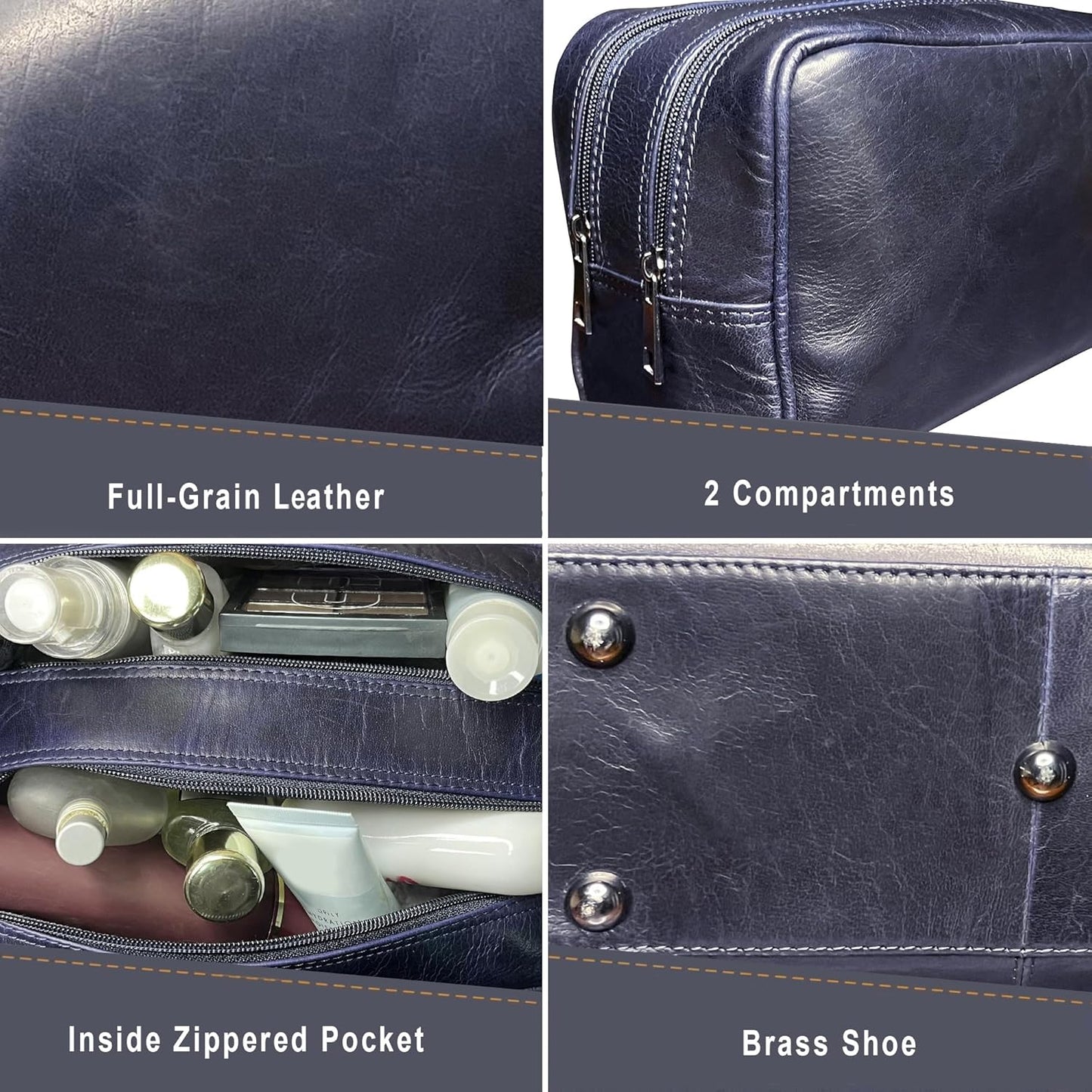 RUSTIC TOWN Leather Toiletry Bag for Men - Travel Shaving Ditty Kit - Bathroom Shower Toiletries Organizer - Leather Cosmetic Bag for Women (Oxford Blue)