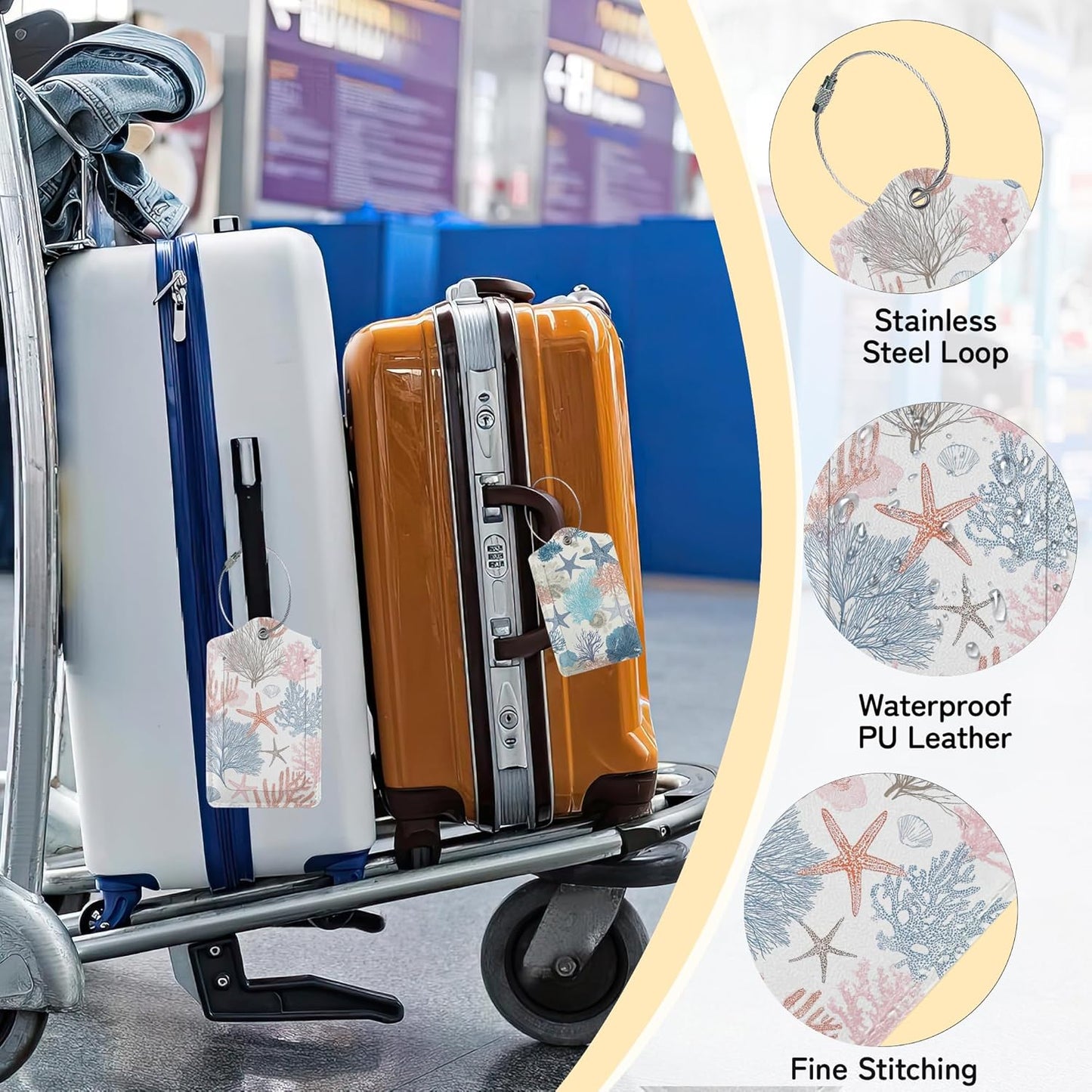3 PCS Beach Seashell Coral Starfish Luggage Tags,Suitcase Tags Privacy Cover ID Label with Stainless Steel Loop and Address Card for Travel Bag Suitcase