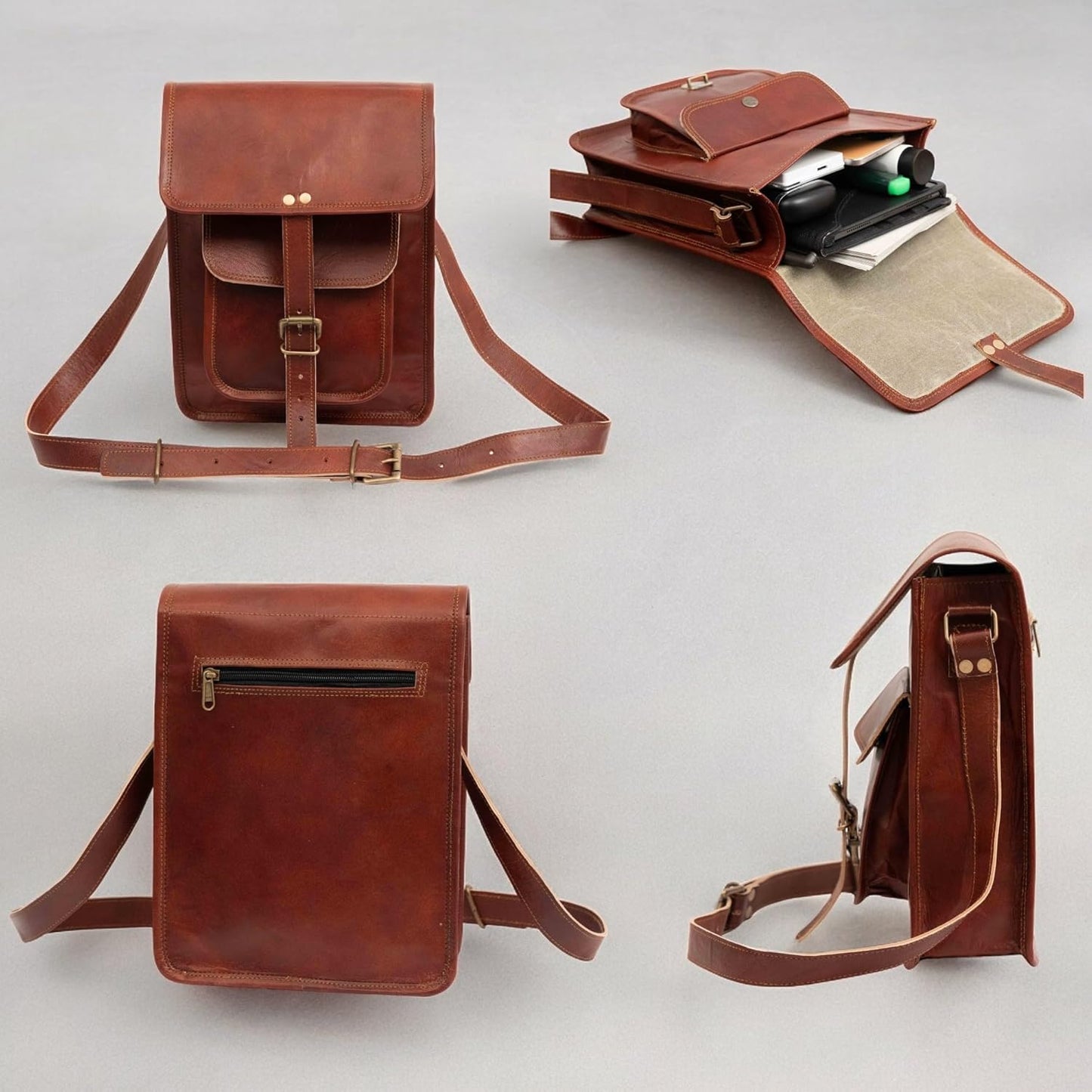 11" Brown Small Leather Messenger Bag Shoulder Bag Cross Body Vintage Messenger Bag For Women & Men Satchel Man Purse Compatible With Ipad & Tablet