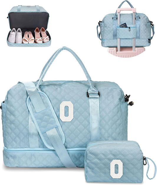 Personalized Gifts-Teen Duffle Bag with Shoe Compartment, Personalized Weekender Bag, Monogram Overnight Bag, Letter Travel Bag with Makeup Bag，Birthday Gift For Grandma (Letter O)