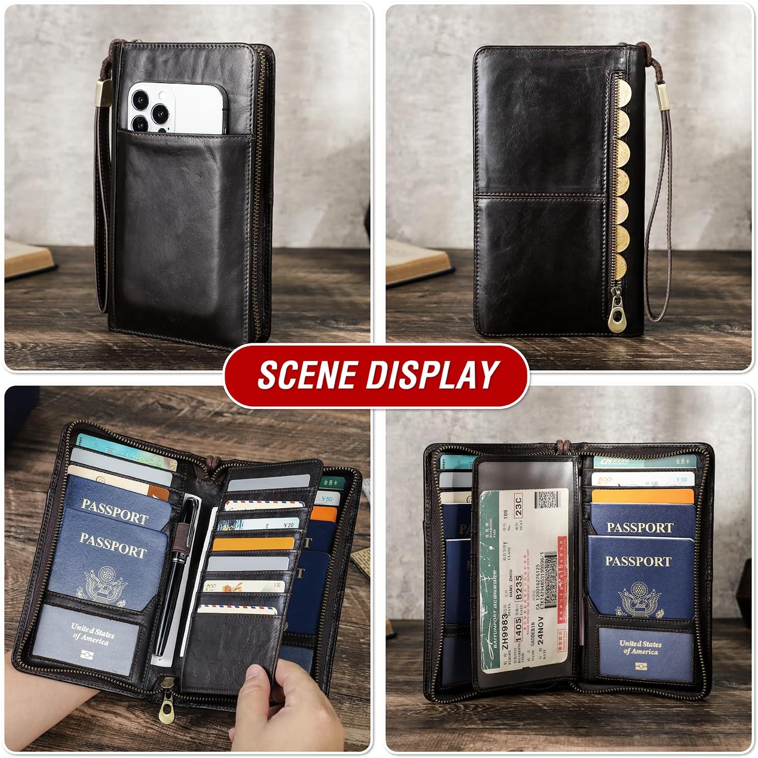 Top Grain Leather Travel Passport Wallet Holder for Man & Woman, Handmade with Three-Layer for 4
