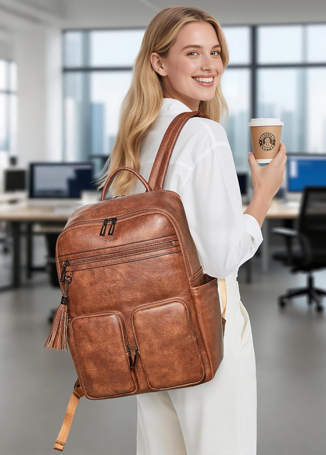 Shrrie Laptop Backpack for Women 16 Inch,Vegan Leather Travel Backpack Purse Work Business Computer Backpacks Teacher Nurse College Laptop Bookbag Casual Daypack,Two-toned Brown