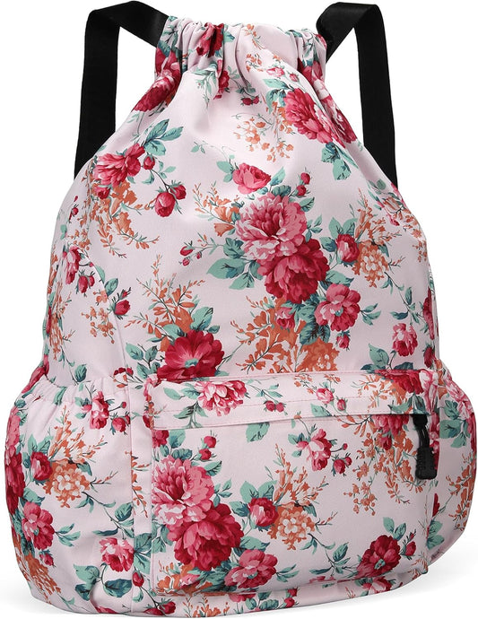Drawstring Backpack for Women Drawstring Gym Bag Water Resistant Small Cinch Sack Pull String Backpack Bag (Flower-D)
