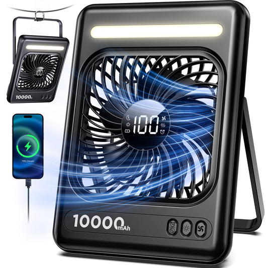10000mAh Portable Travel Fan, 5 Speeds Strong Wind Cruise Fan with LED Lantern, 24H Runtime