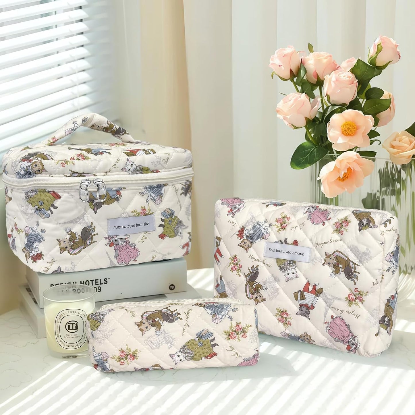 Quilted Makeup Bag, Large Capacity Travel Cosmetic Bag for Women and Girls, Aesthetic Storage for Daily and Travel Use (3pcs-catanimalprint, Pink Bow)