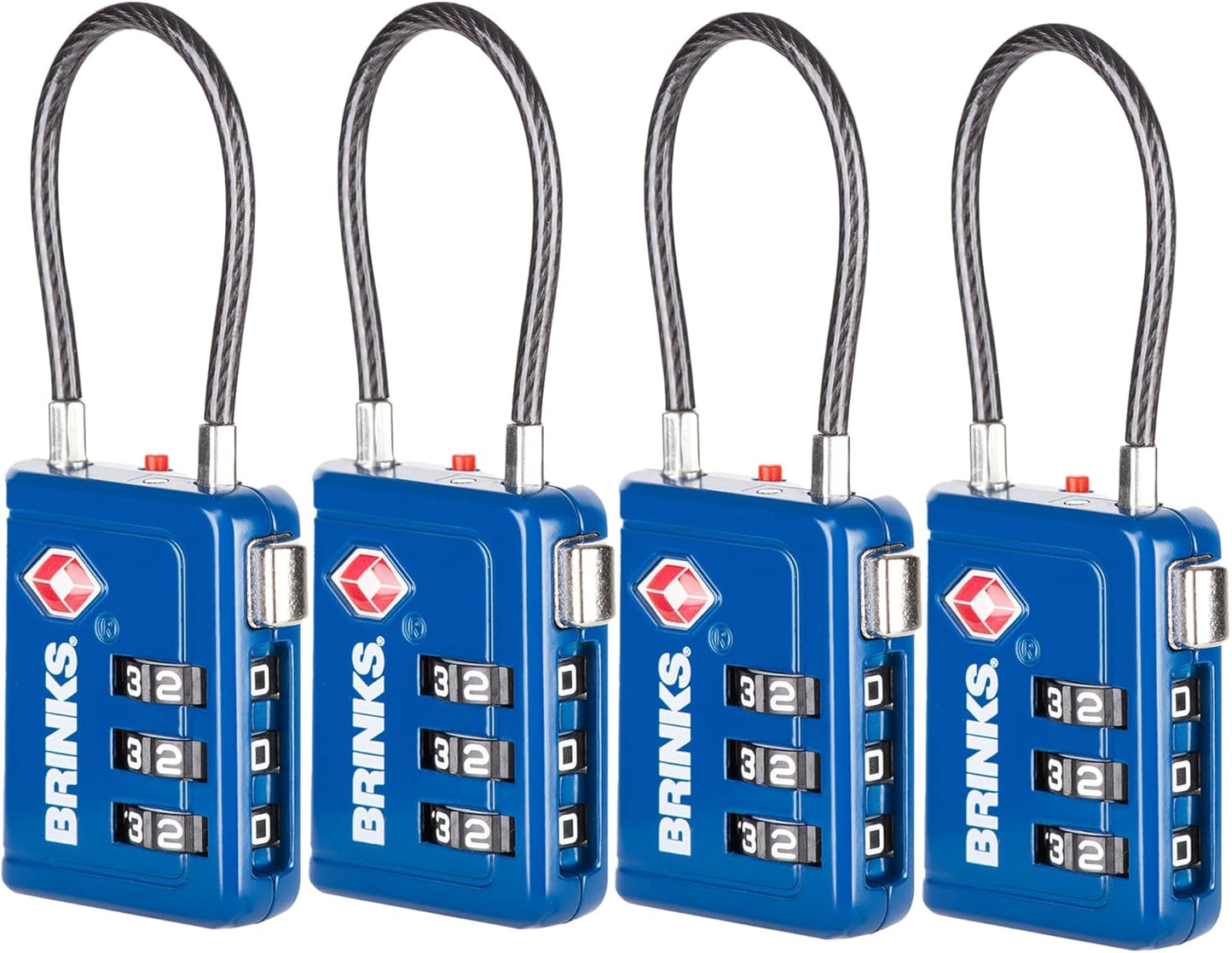 Brinks TSA Accepted Indicator Luggage Lock, Blue - Resettable 3-Dial Combination, 1.5 inch Long Cable Shackle, New More Secure TSA008 Key, 4 Pack