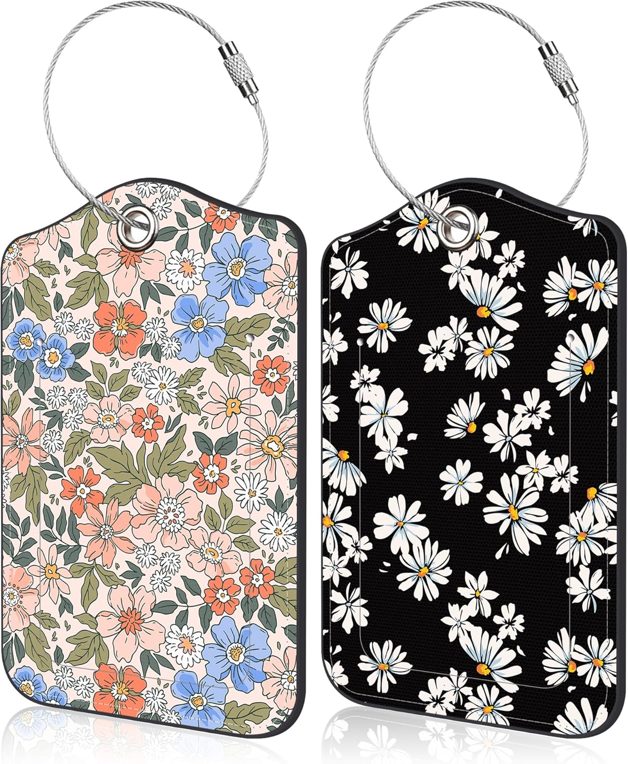 Elegant Floral Pattern Luggage Tags Set of 2 Delicate Daisy PU Leather Travel Baggage Tags with Privacy Cover and Stainless Steel Loop for Teens Adults Travel Bag Suitcase