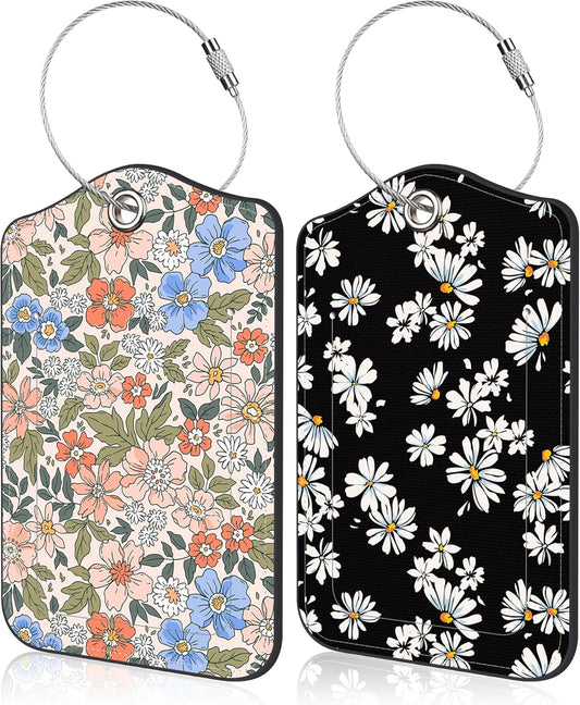 Elegant Floral Pattern Luggage Tags Set of 2 Delicate Daisy PU Leather Travel Baggage Tags with Privacy Cover and Stainless Steel Loop for Teens Adults Travel Bag Suitcase
