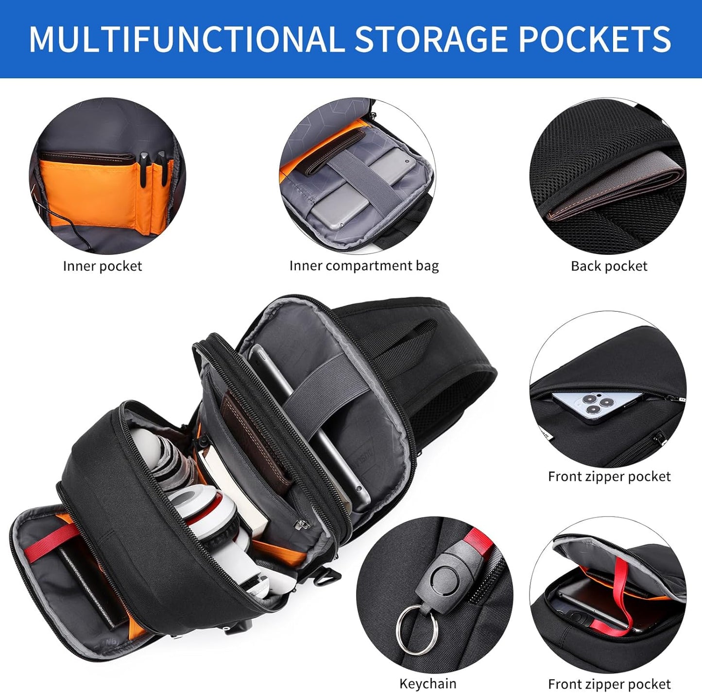 DUSLANG Hiking Crossbody Sling Backpacks Sling Bag for Men, Shoulder Backpack Chest Bags with USB Charger Port