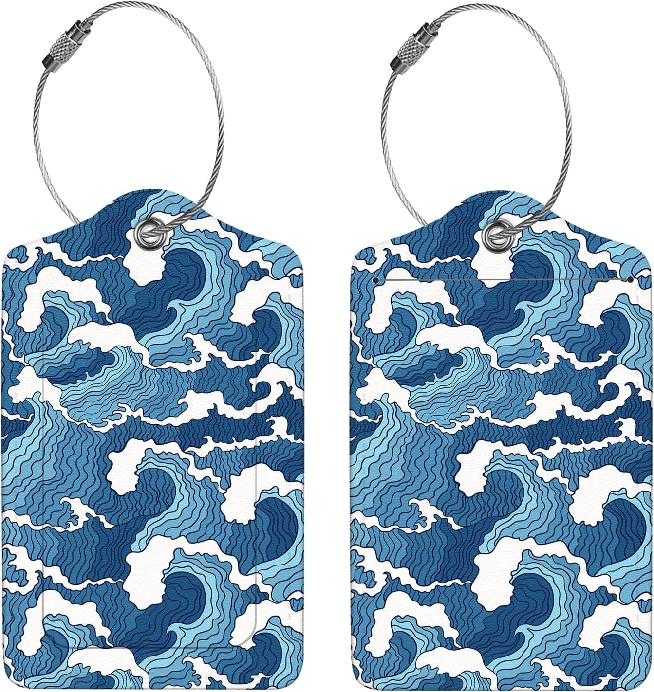 2 Pcs Luggage Tags for Suitcase, Cute Unique PU Leather Travel Bag Tag with Privacy Cover ID Label Address Card and Durable Metal Ring Suitable for Men Women Children Backpack,Sea Wave