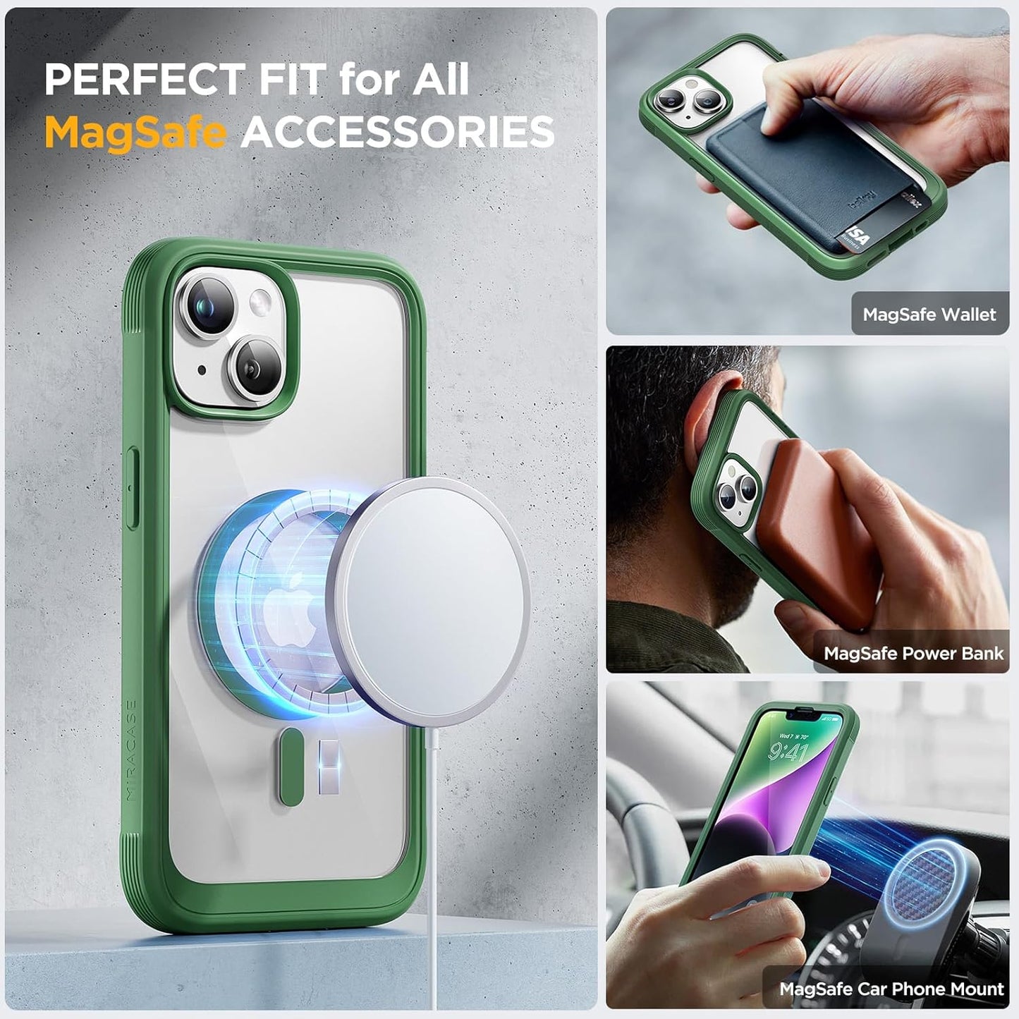Miracase Glass Series Designed for iPhone 14 Plus Case 6.7 inch, 2023 Upgrade Full-Body Magnetic Clear Case with Built-in 9H Tempered Glass Screen Protector,Compatible with MagSafe,Green