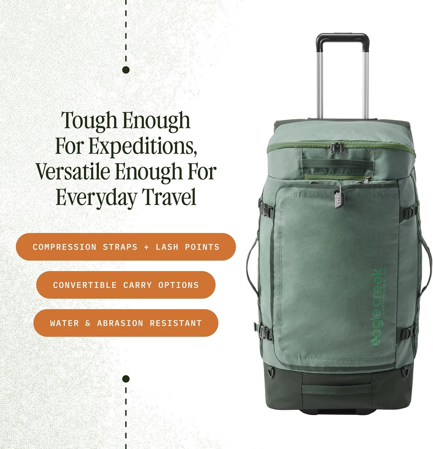 Eagle Creek Cargo Hauler XT Wheeled Duffel - Wheeled Backpack Duffel - Deployable Backpack Straps - Lockable U-Lid & Easy Access Compartment - 32" - Duck Green