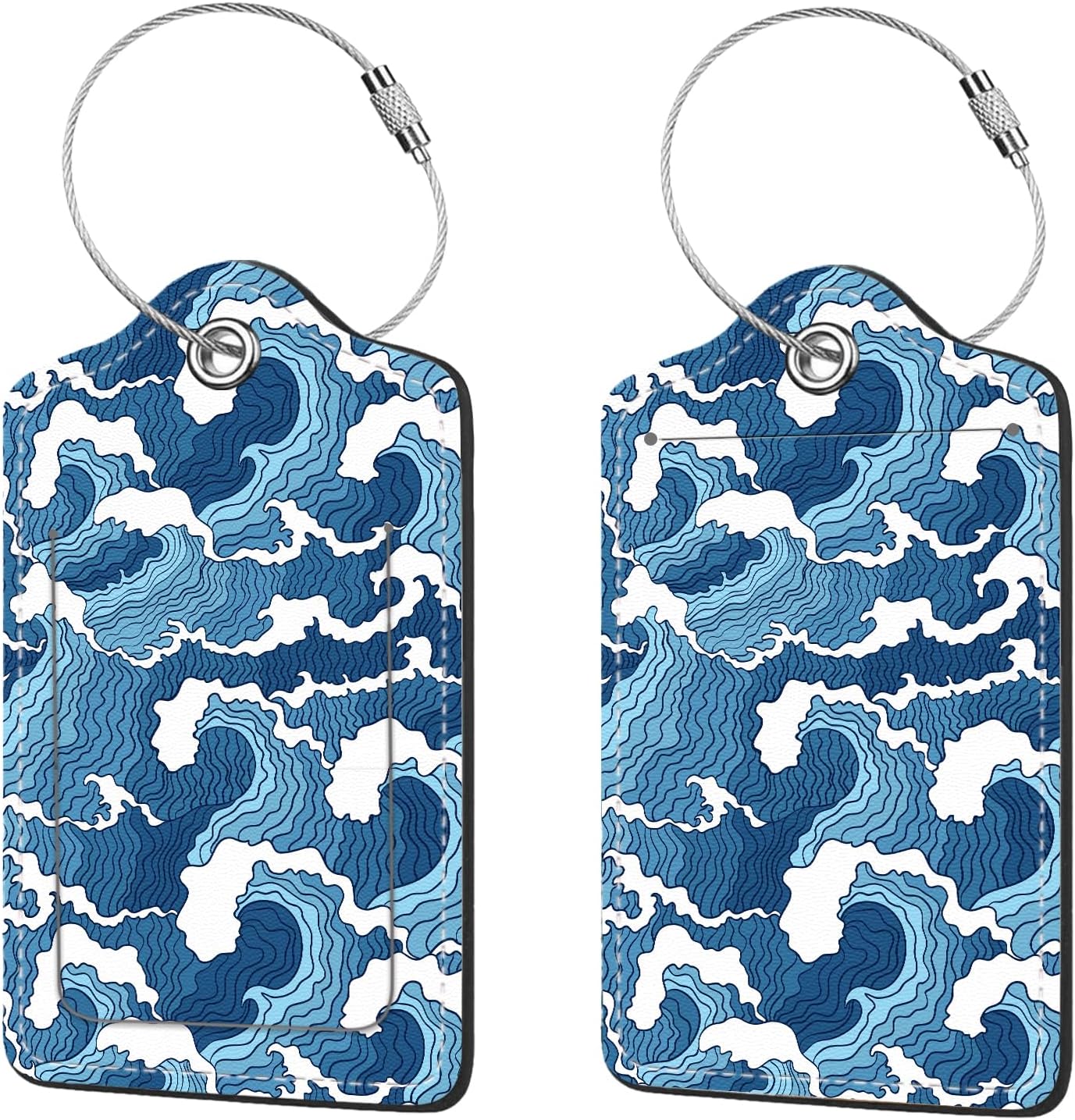 2 Pcs Luggage Tags for Suitcase, Cute Unique PU Leather Travel Bag Tag with Privacy Cover ID Label Address Card and Durable Metal Ring Suitable for Men Women Children Backpack,Sea Wave