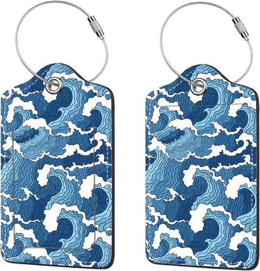 2 Pcs Luggage Tags for Suitcase, Cute Unique PU Leather Travel Bag Tag with Privacy Cover ID Label Address Card and Durable Metal Ring Suitable for Men Women Children Backpack,Sea Wave
