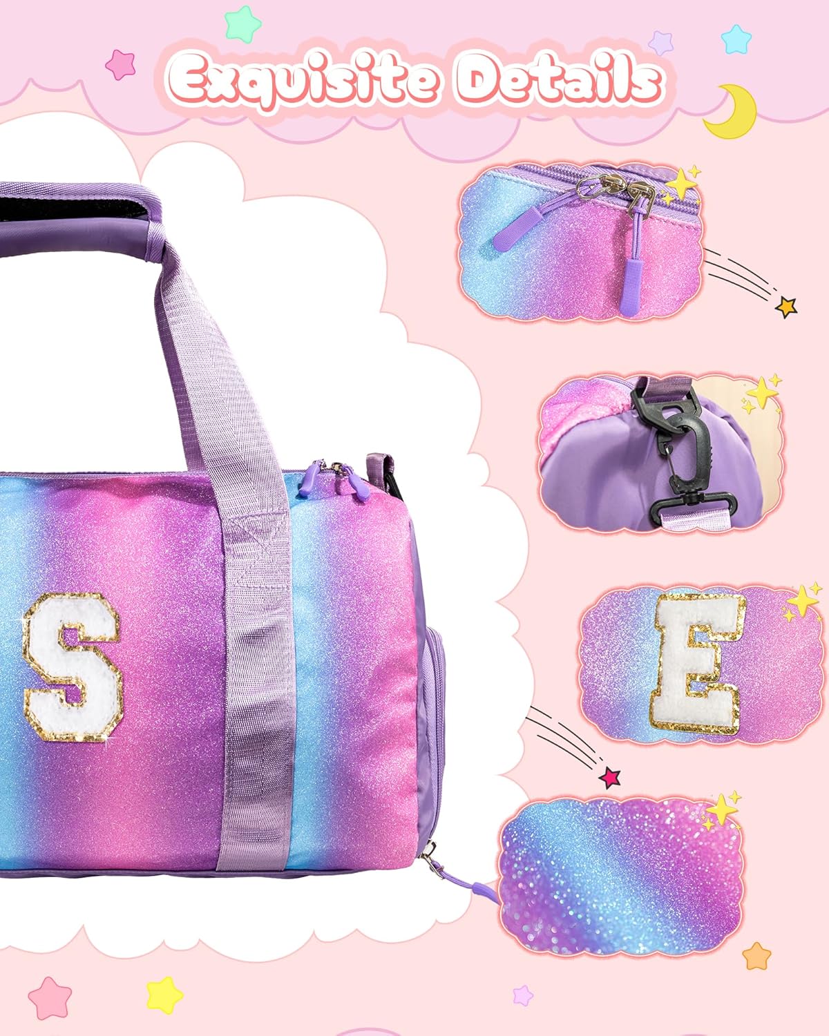 Tween Girls Gifts Trendy Stuff-Girl Gym Bag with Shoe Compartment, Kid Personalized Weekender Overnight Bags, Initial Travel Tote with Makeup Pouch, Preppy Things for Kids (Letter E)