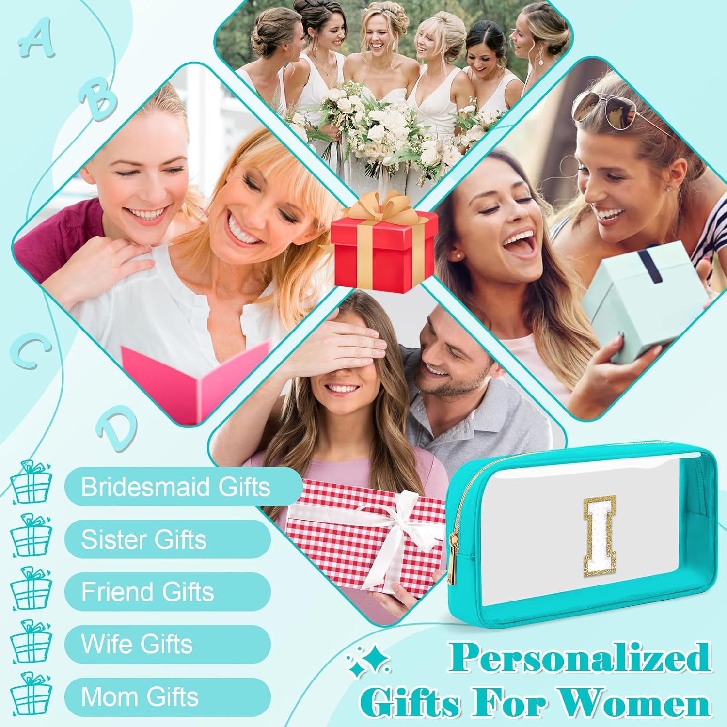 Personalized Initial Letter Clear Makeup Bag,Preppy Small Nylon&PVC Cosmetic Zipper Bag with