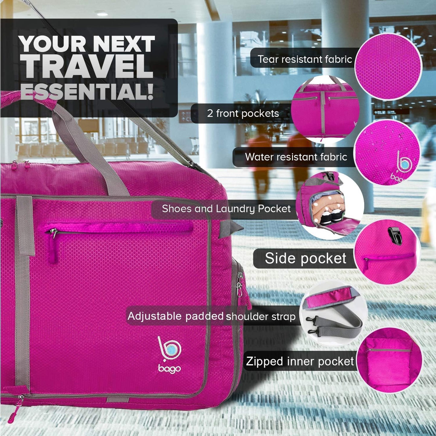 Bago Large Foldable Duffel Bags for Traveling Women & Men - 100L Packable Duffle Bag for Travel with Shoe Compartment - Water Repellant, Heavy Duty, Lightweight Folding & Collapsible (Pink)
