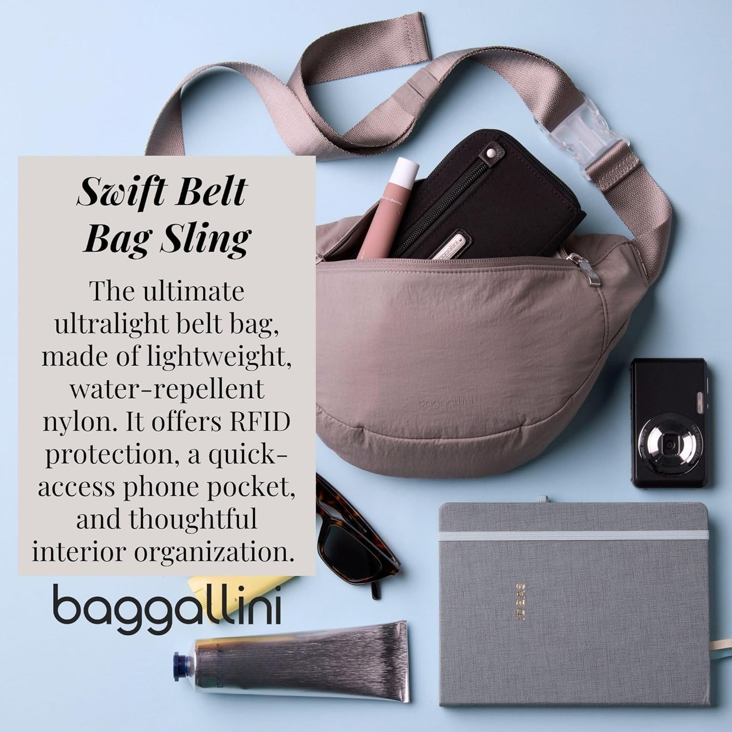 Baggallini Style Swift Belt Bag Sling Bag - Lightweight 12"x7" Crossbody Bag Fanny Pack Belt w/RFID and Adjustable Strap