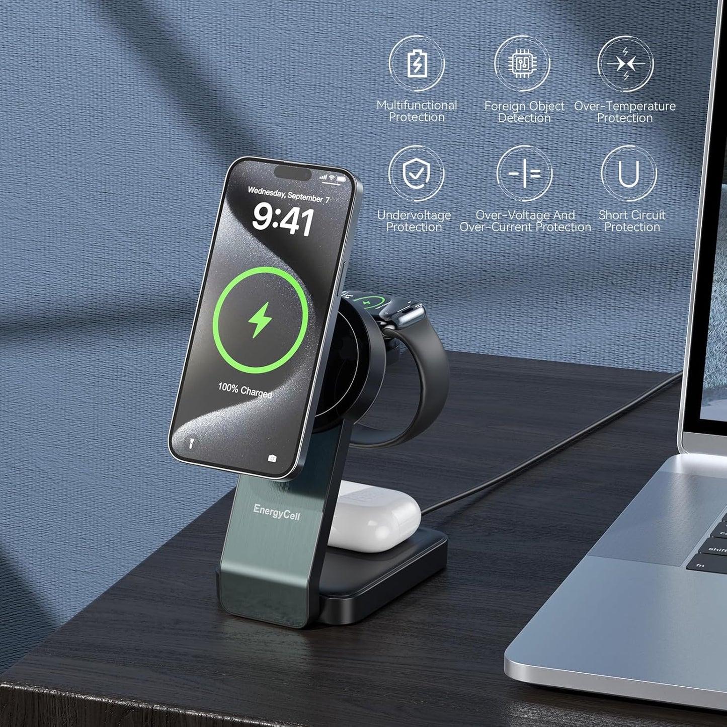 3-in-1 Wireless Charging Station for Apple Devices, Qi2 Certified 15W Charger Stand, Magnetic Foldable Fast Charger for iPhone 16/15/15 Pro/14/13/12, Apple Watch, AirPods (30W USB-C Charger Included)