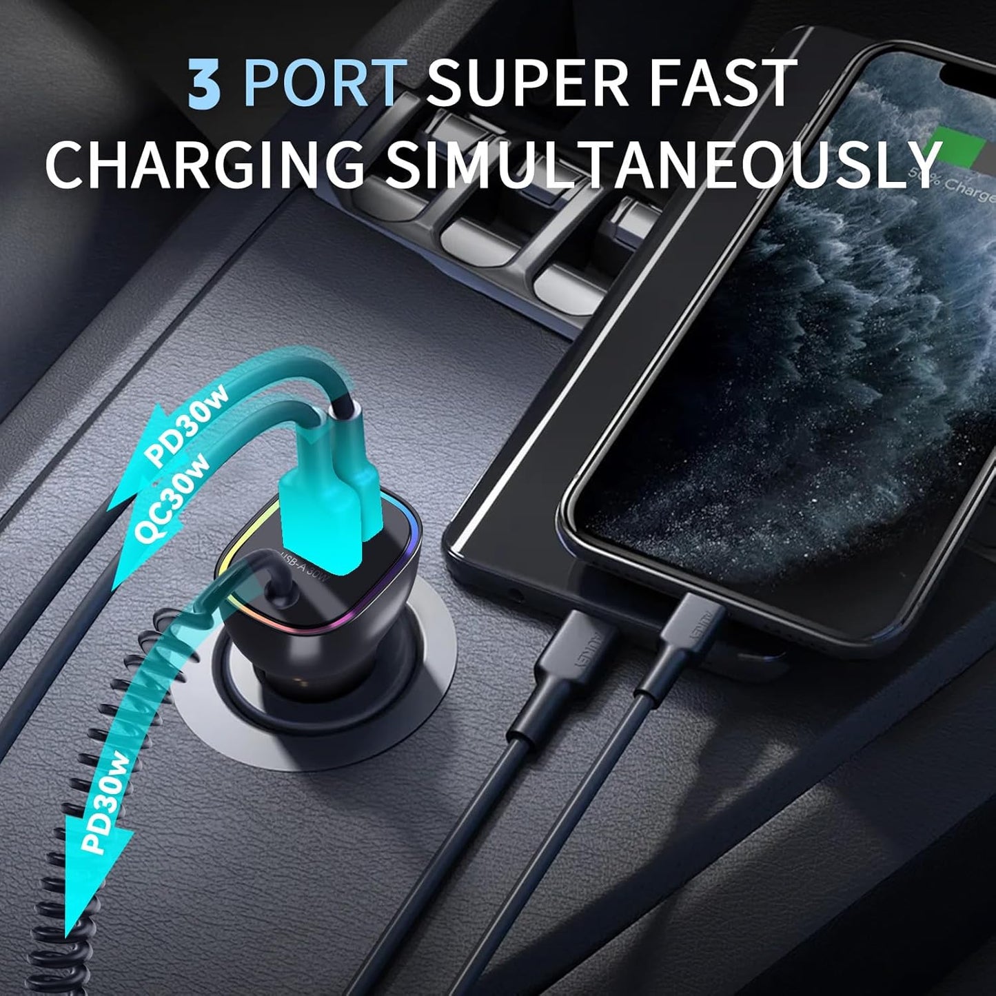 90W Car Charger USB C for iPhone 16 Pro, PD & QC3.0 Type C Coiled Cable 4ft, Fast Car Charger Adapter for iPhone 15 Pro Max Plus, for Samsung Galaxy S24/S23/S22