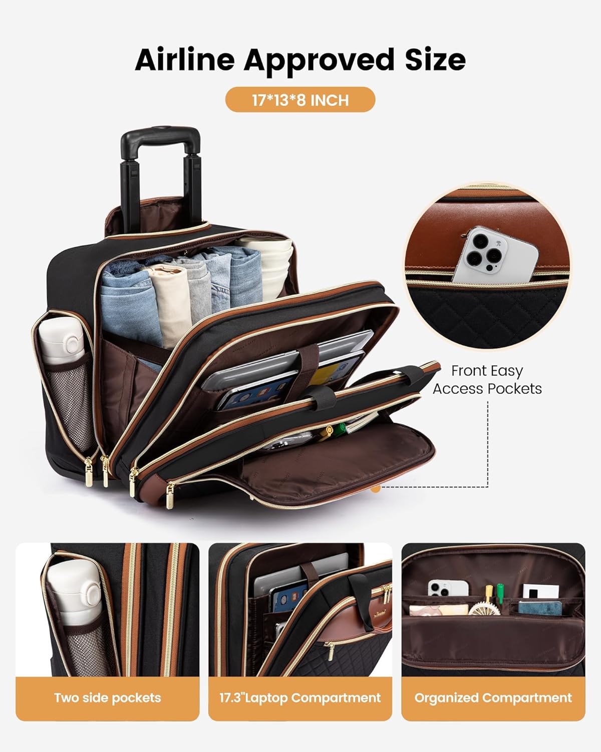 LOVEVOOK Rolling Laptop Bag Women, 17.3 Inch Laptop Briefcase with Wheels for Work Travel Business, Underseat Carry On Luggage Case,Black