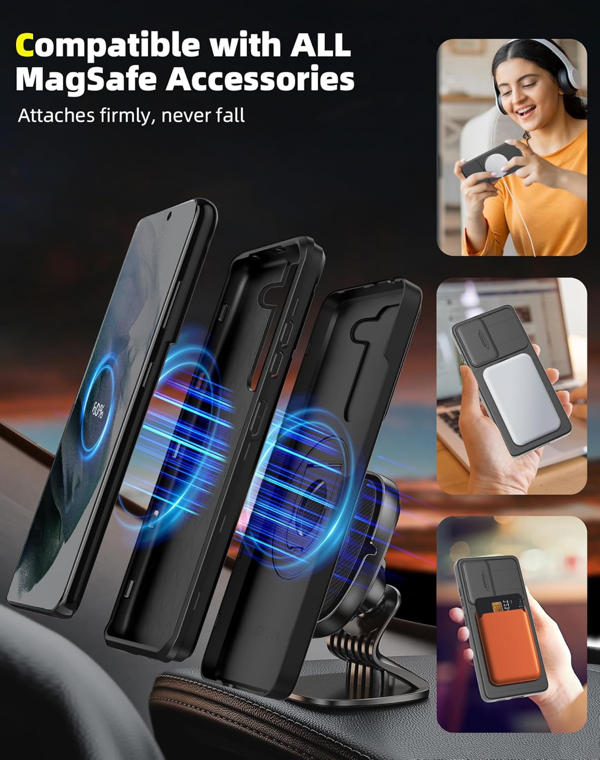 for Samsung Galaxy S21 Plus Case Magnetic Compatible with MagSafe Wireless Charging,with Screen Protector,for S21+Plus Case with Stand Ring+Camera Cover Shockproof Heavy Duty Protection Black