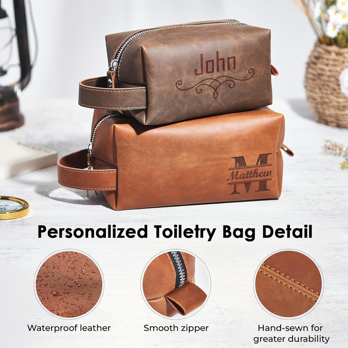 Bleggeit Personalized Leather Toiletry Bag For Men with Hook, Groomsmen Gifts Travel Bag Laser Engraved Name Monogram Gift For Him Husband Father Leather Dopp Kit (Style 3)