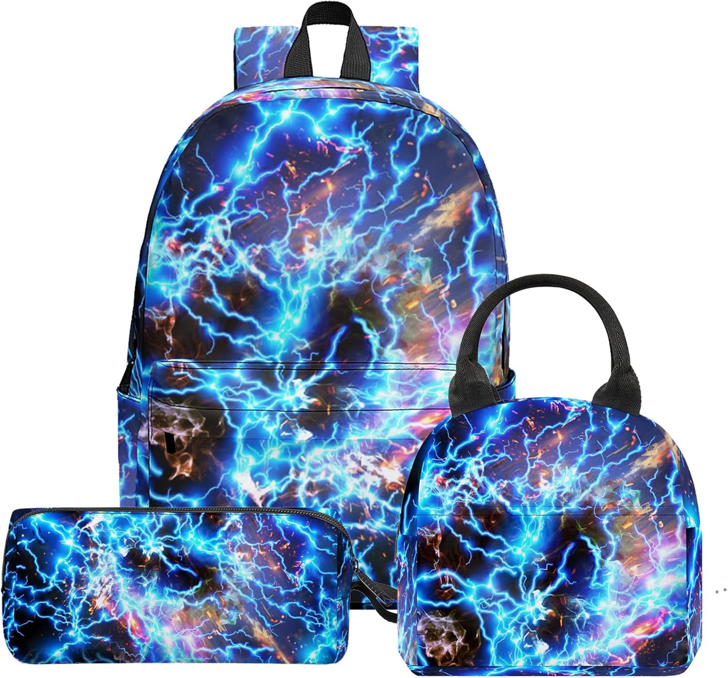 3PCS Lightning Backpack Set for Boys, Large Lightweight 17 Inch Backpack with Lunch Bag & Pencil Case for Kids, Back to School Bookbag for Elementary Middle School -Blue