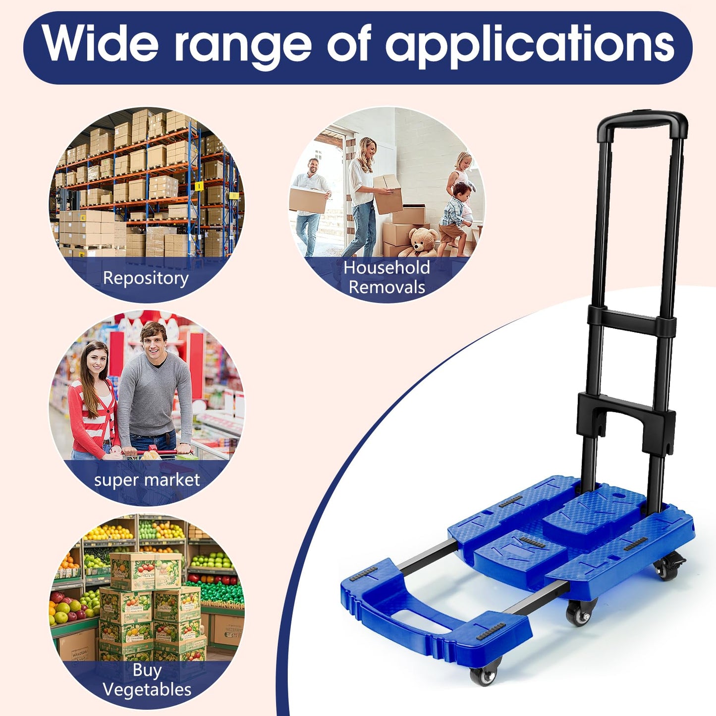 Voipvvii Folding Hand Truck 500lbs, Portable Heavy Duty Dolly Cart, 6 Wheels Collapsible Luggage