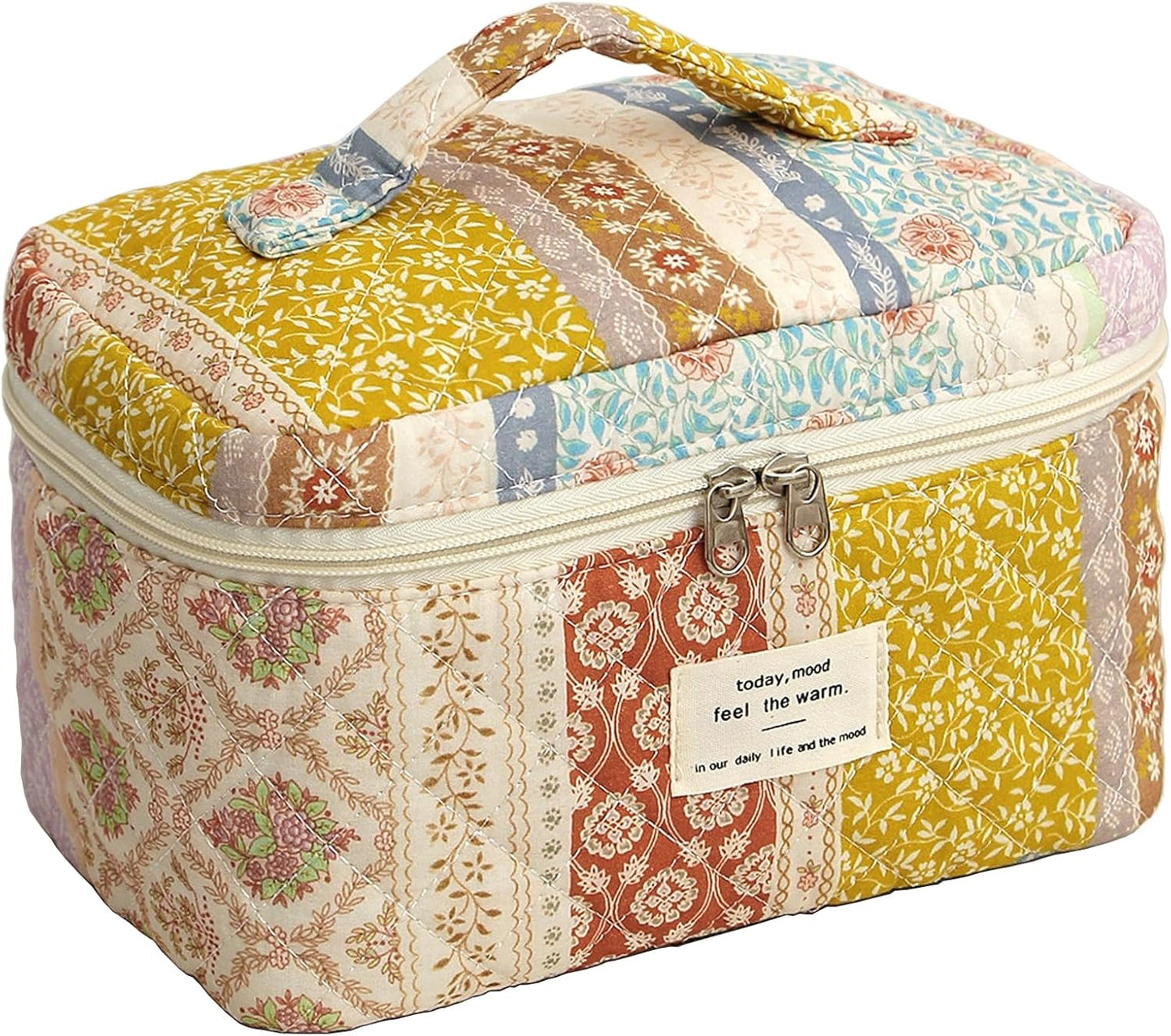 Quilted Makeup Bag, Large Makeup Bag, Cute Cosmetic Bag for Women Girls, Floral Coquette Aesthetic Patchwork Travel Toiletry Make Up Organizer Bag