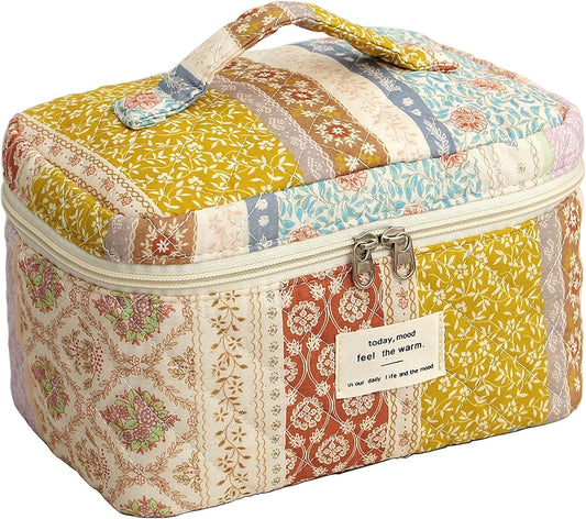 Quilted Makeup Bag, Large Makeup Bag, Cute Cosmetic Bag for Women Girls, Floral Coquette Aesthetic Patchwork Travel Toiletry Make Up Organizer Bag