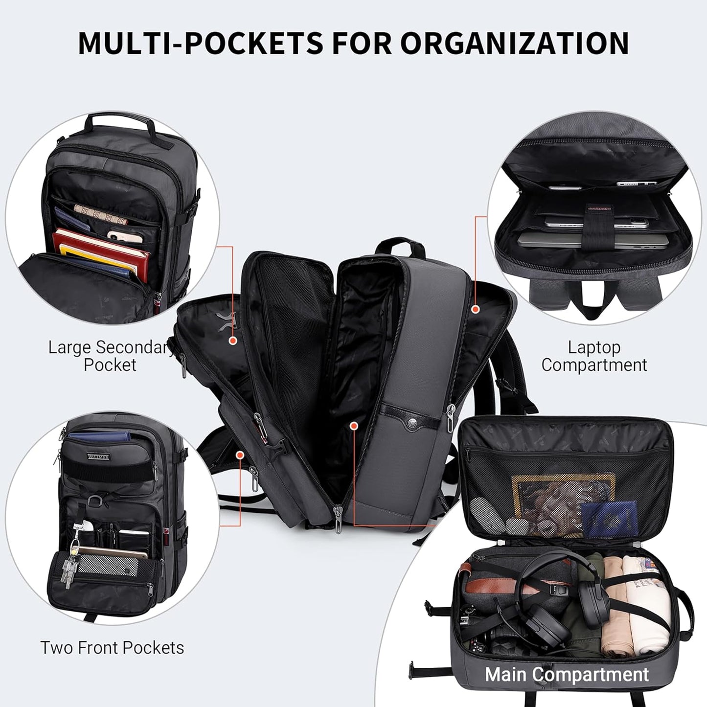 WITZMAN Carry On Travel Backpack for Men Large Convertible 45L Fit 17 Inch Laptop Backpack 3 in 1