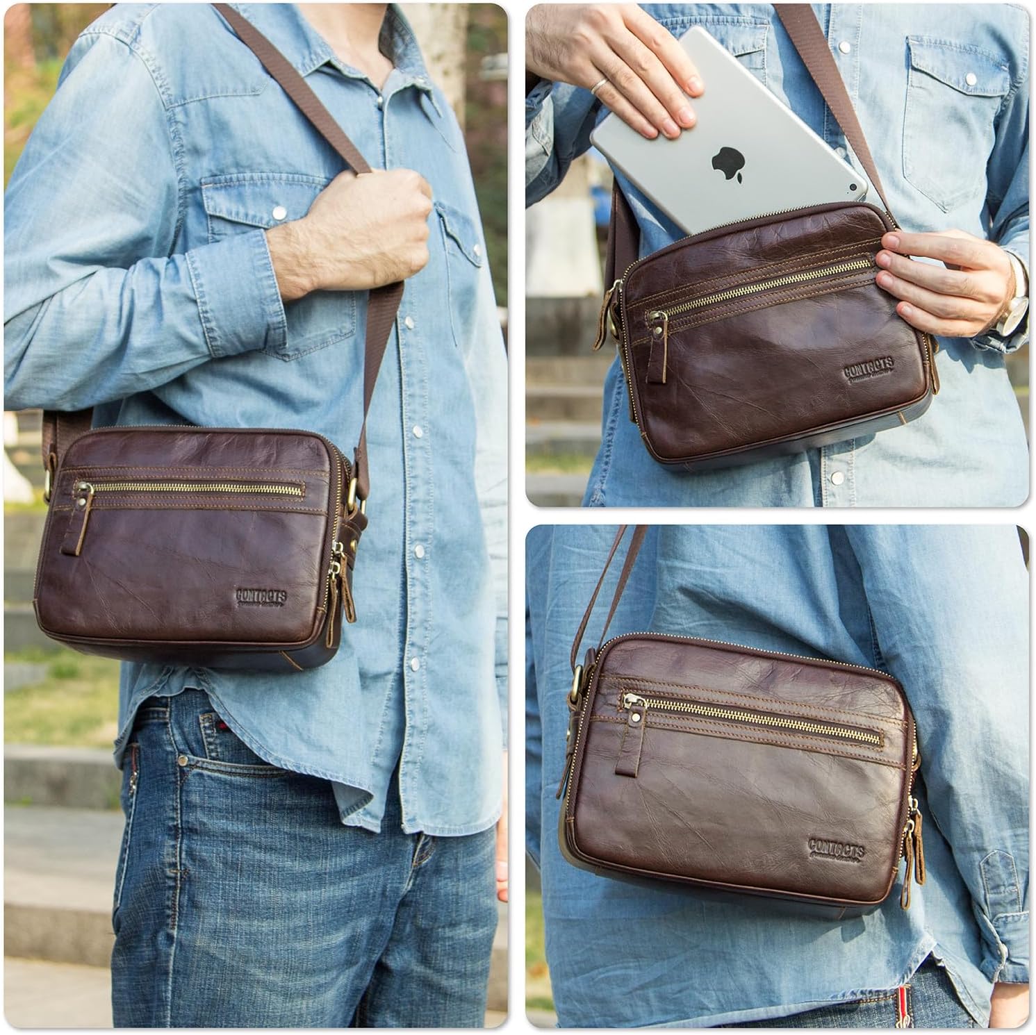 Top Grain Leather 8.3" Messenger Bag for Man & Woman, Multi Pockets, Fits to 7.9"/8.3" iPad for