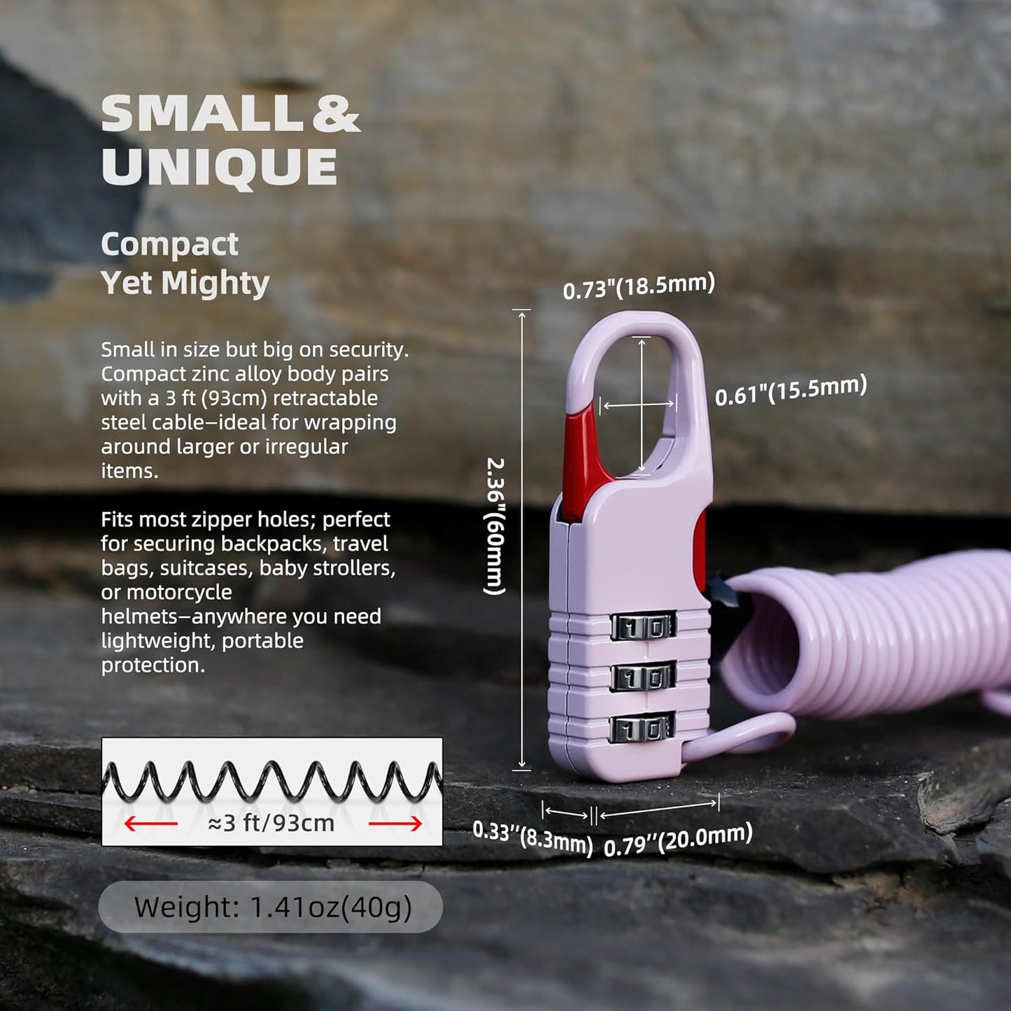 Travel Lock with Retractable Cable, Thin Cable Locks with Combination, Small Padlock Combination, for Luggage, Suitcase, Backpack, Bag, Zipper, Stroller, Bike, Motorcycle Helmet Anti Theft