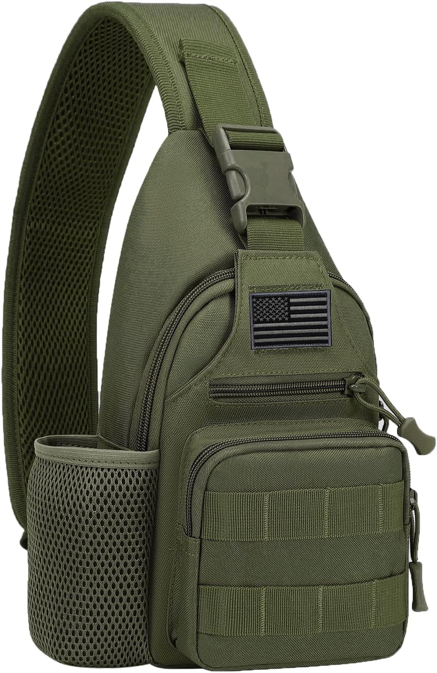 ZHIERNA Tactical Sling Crossbody Backpack with Water Bottle Holder, MOLLE EDC Shoulder Sling Chest Bags with USB Charging Port for Travel Walk(Army Green)