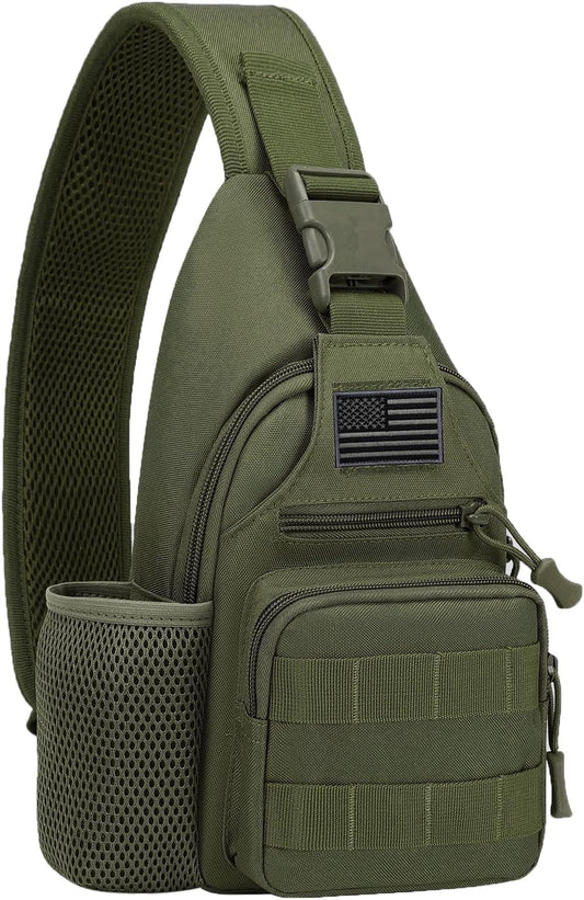 ZHIERNA Tactical Sling Crossbody Backpack with Water Bottle Holder, MOLLE EDC Shoulder Sling Chest Bags with USB Charging Port for Travel Walk(Army Green)