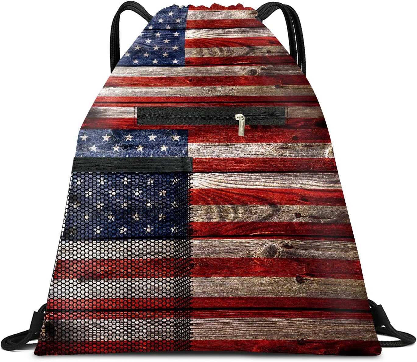 Drawstring Backpack Sports Gym Bag, Large String Swim Bag for Beach With Water Bottle Mesh Pocket, Cute Gym Sack with Zipper Pocket for Men Women Cute Flag