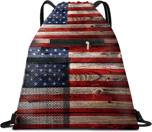 Drawstring Backpack Sports Gym Bag, Large String Swim Bag for Beach With Water Bottle Mesh Pocket, Cute Gym Sack with Zipper Pocket for Men Women Cute Flag