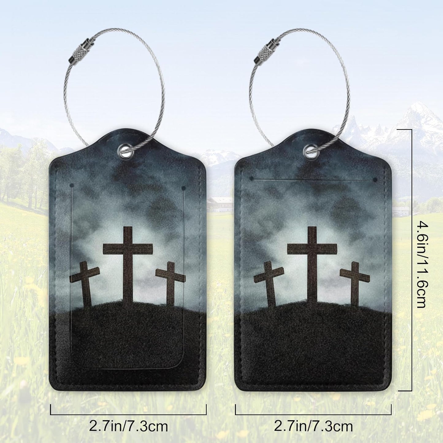 2 Pack Leather Luggage Tag for Suitcase God Blessed The Cross of Jesus Unique Travel Tags with Privacy Cover ID Label & Stainless Steel Loop for Men and Women Baggage