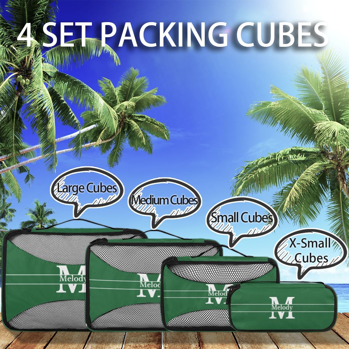 Custom Name Compression Packing Cubes Luggage Organizer Bags for Travel, Forest Green with Initial Letter Double Zipper Packing Cubes for Suitcases for Men Boys